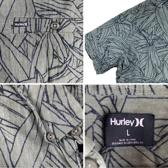 LARGE Hurley Reverse Print Olive Green & Black Button down Aloha Shirt - Picture 2 of 3